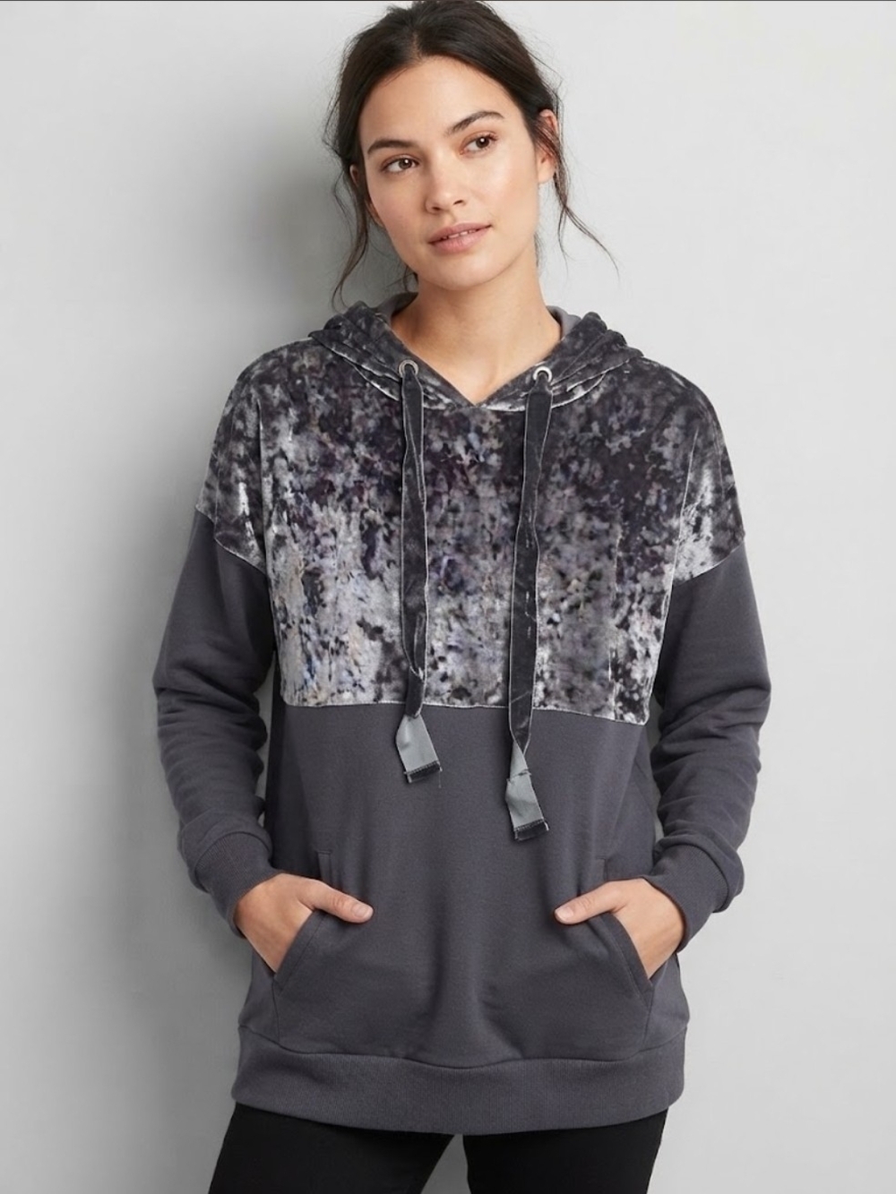 Miss Chievous Charcoal Grey Crushed Velvet Contrast Yoke Hoodie Pocket M